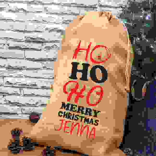 Luxury Drawstring Christmas Hessian Sack - HO HO HO
